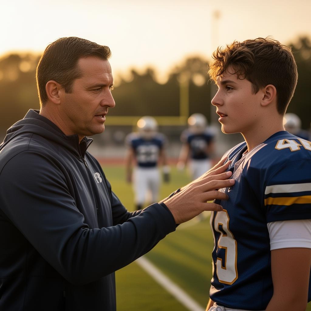 Coach mentoring a young football player